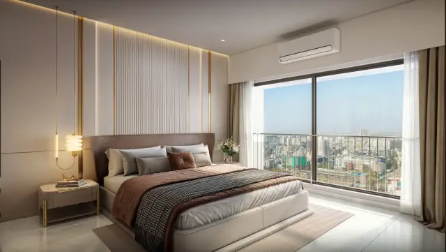 Show flat bedroom with warm neutral finishes