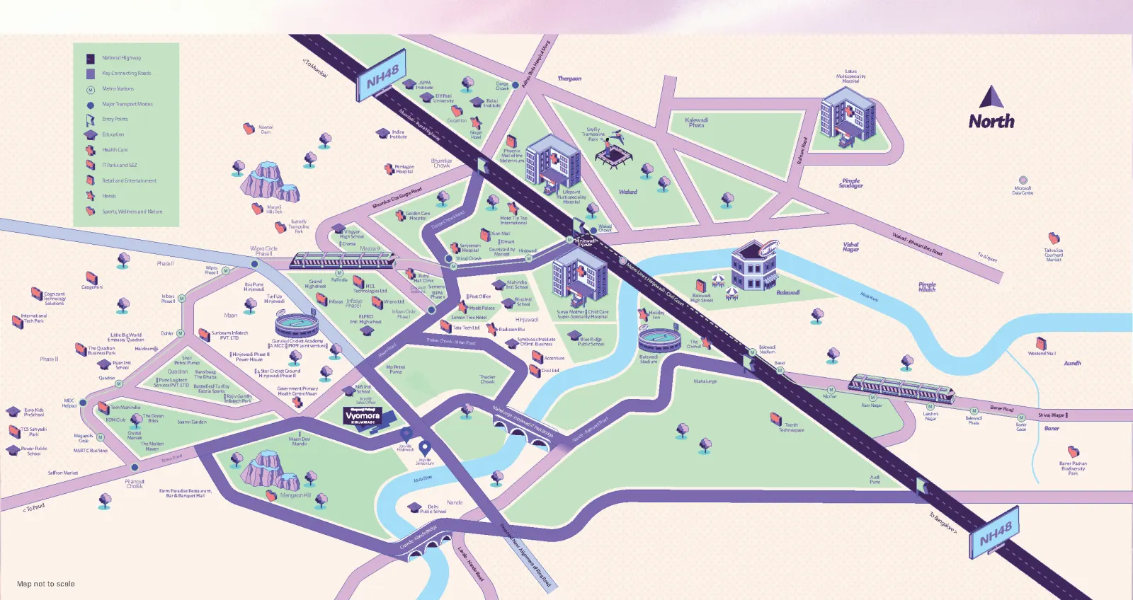 Official illustrated location map showing Vyomora in Hinjawadi and connecting roads across west Pune